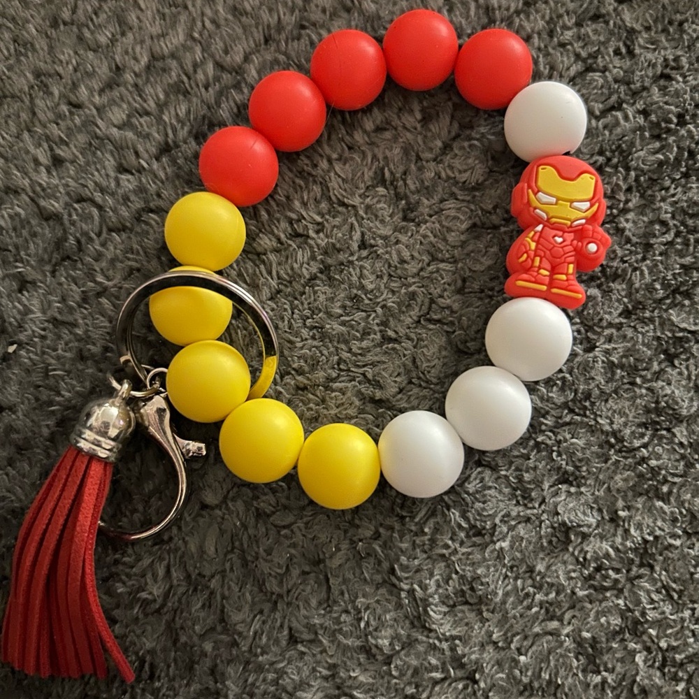 Silicone Bead Keyring Bracelet with Red Tassel - Iron man Hero Charm